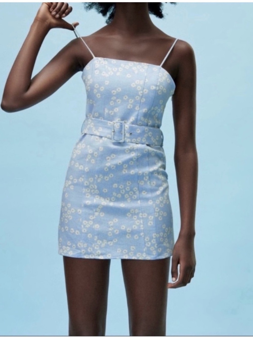Zara Light Blue Floral Spaghetti-Strap Belted Mini Dress